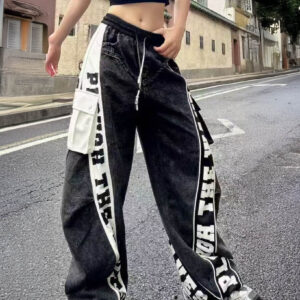 Wide-Leg Baggy Cargo Jeans - Asymmetric Contrast Side Stripe & Letter Graphic Streetwear Denim