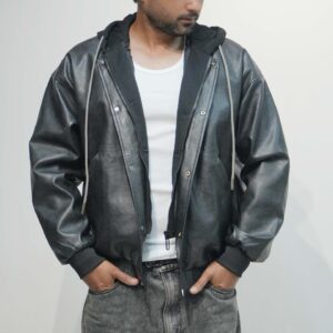 Oversized Hooded PU Leather Varsity Bomber Jacket – Unisex Streetwear Essential