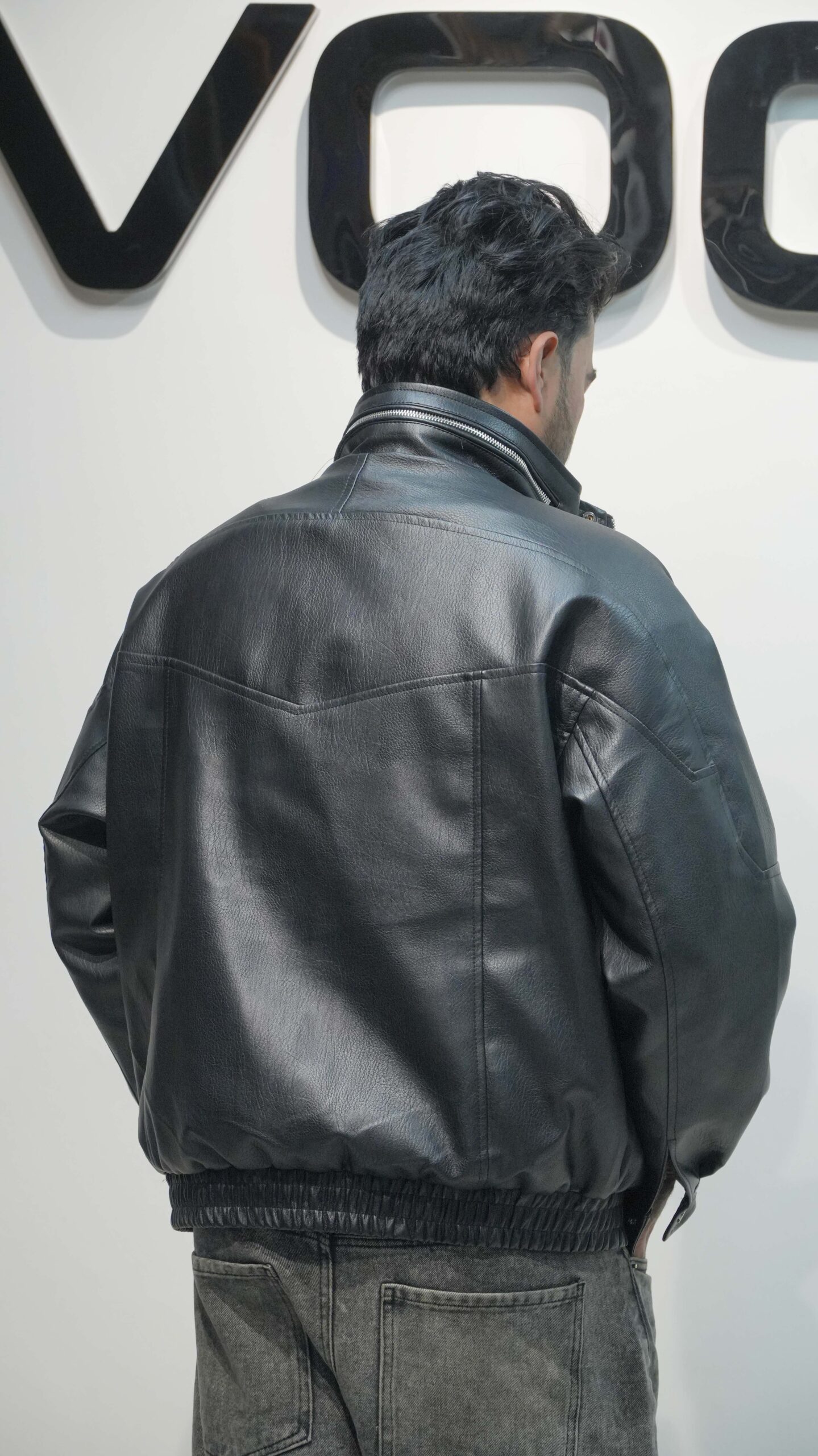 Y.G Studio Oversized Faux Leather Fur-Lined Bomber Jacket – Black / Deep Brown - Image 3