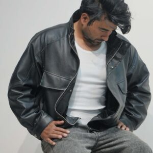 Y.G Studio Oversized Faux Leather Fur-Lined Bomber Jacket – Black / Deep Brown