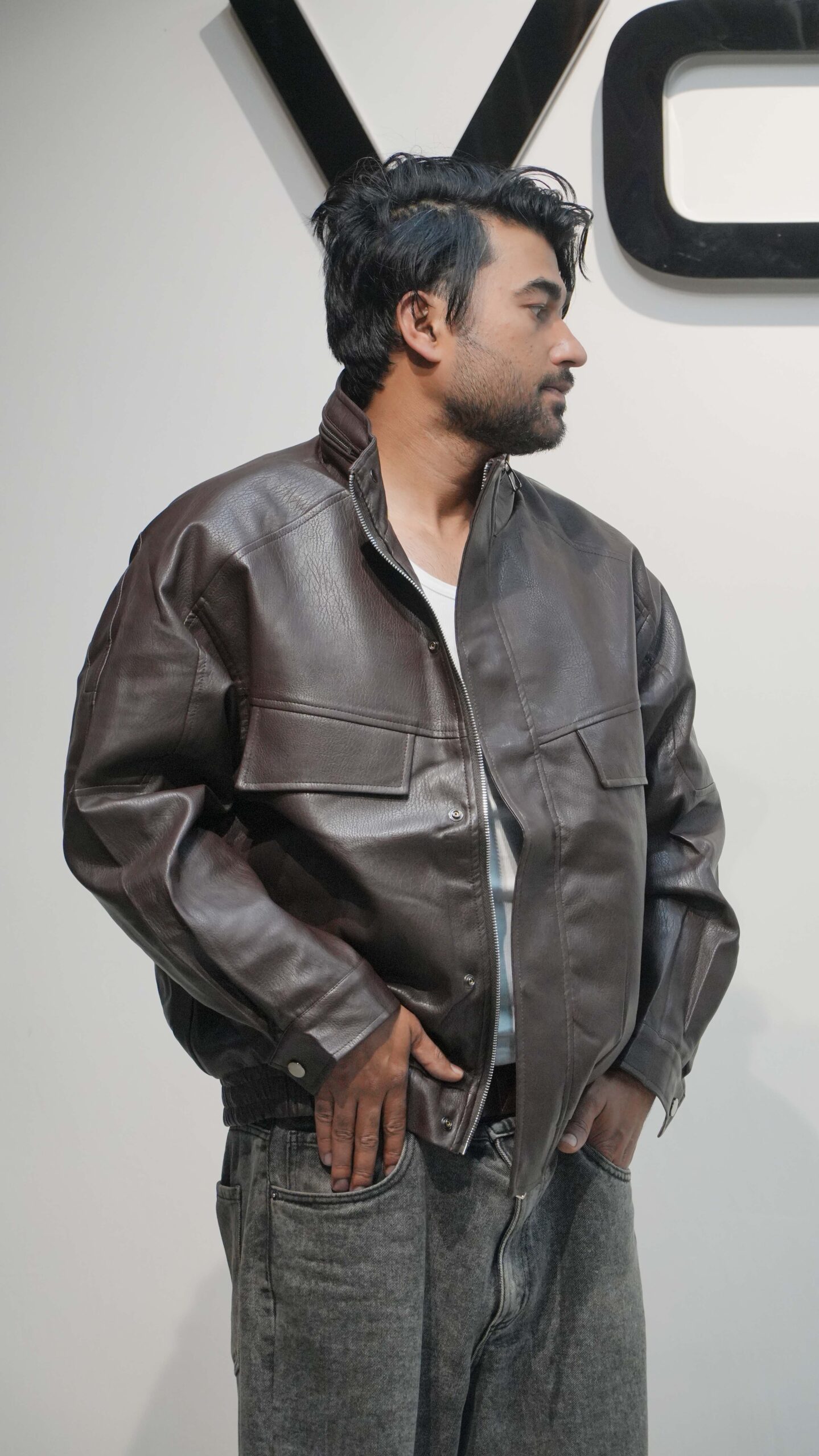 Y.G Studio Oversized Faux Leather Fur-Lined Bomber Jacket – Black / Deep Brown - Image 11