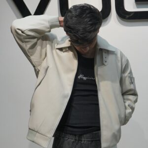 The Maverick Bomber: Oversized Faux Leather Jacket (Cream)