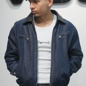 Vintage Indigo Denim Bomber Jacket with Leather Collar