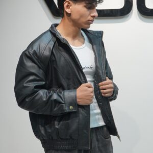 Vintage-Inspired Black Leather Bomber Jacket
