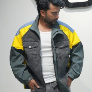 Oversized Colorblock Hybrid Denim-Nylon Jacket – Yellow/Gray/Blue