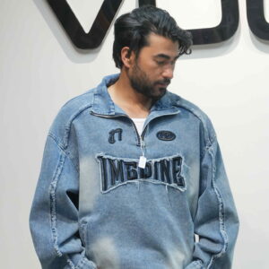 Oversized Distressed Denim Half-Zip Jacket - WEUNER Edition