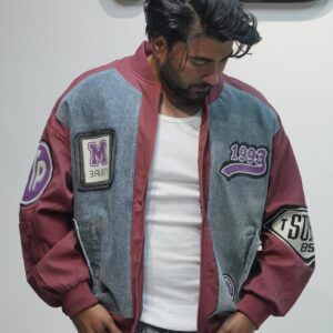 1993 Varsity Bomber Jacket - Denim & Maroon Patchwork Edition